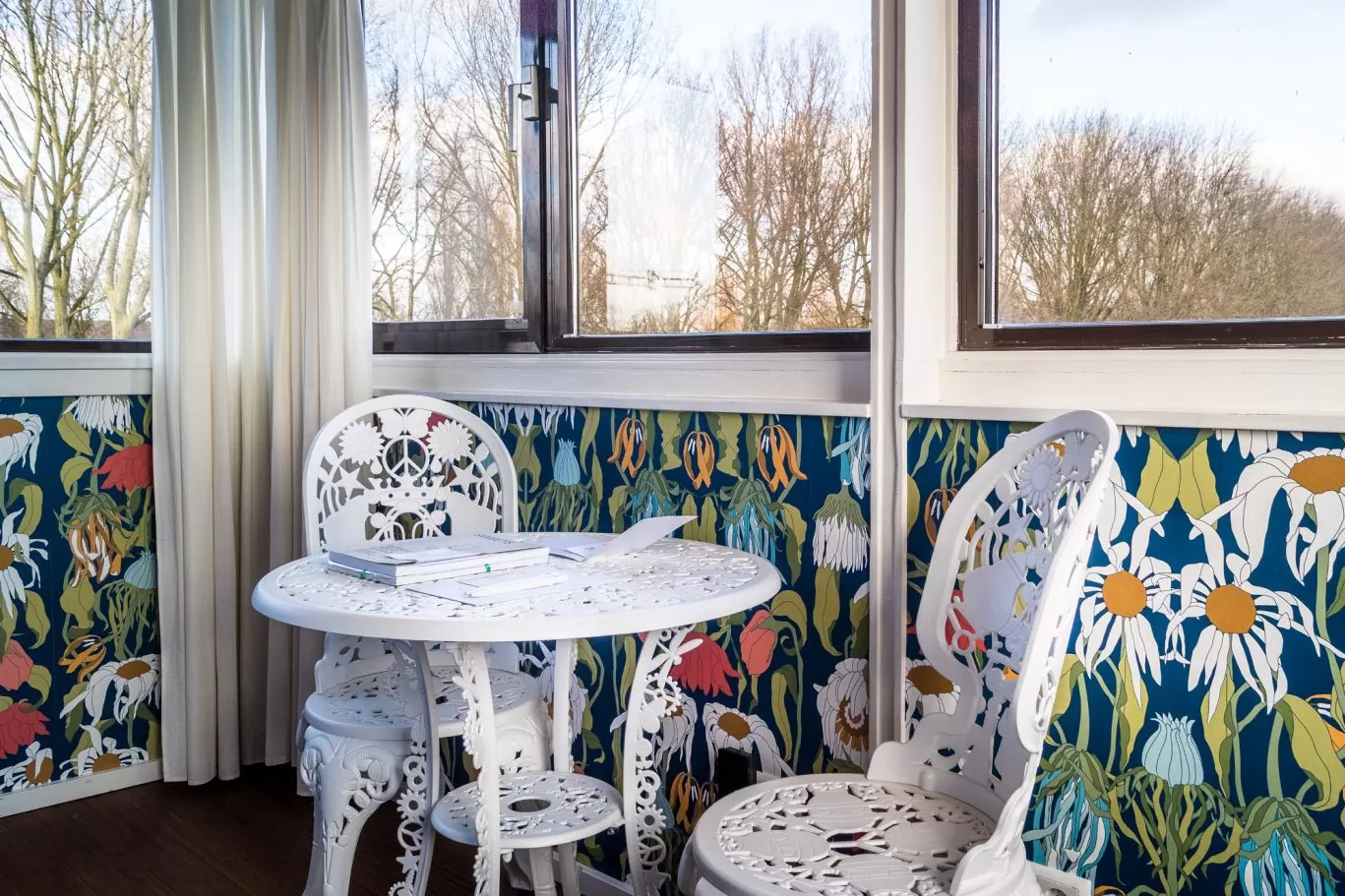 SWEETS hotel Amsterdam Noord_bridge house 102 Meeuwenpleinbrug_interior design by Studio Job_wallpaper table chair seating_dutch design