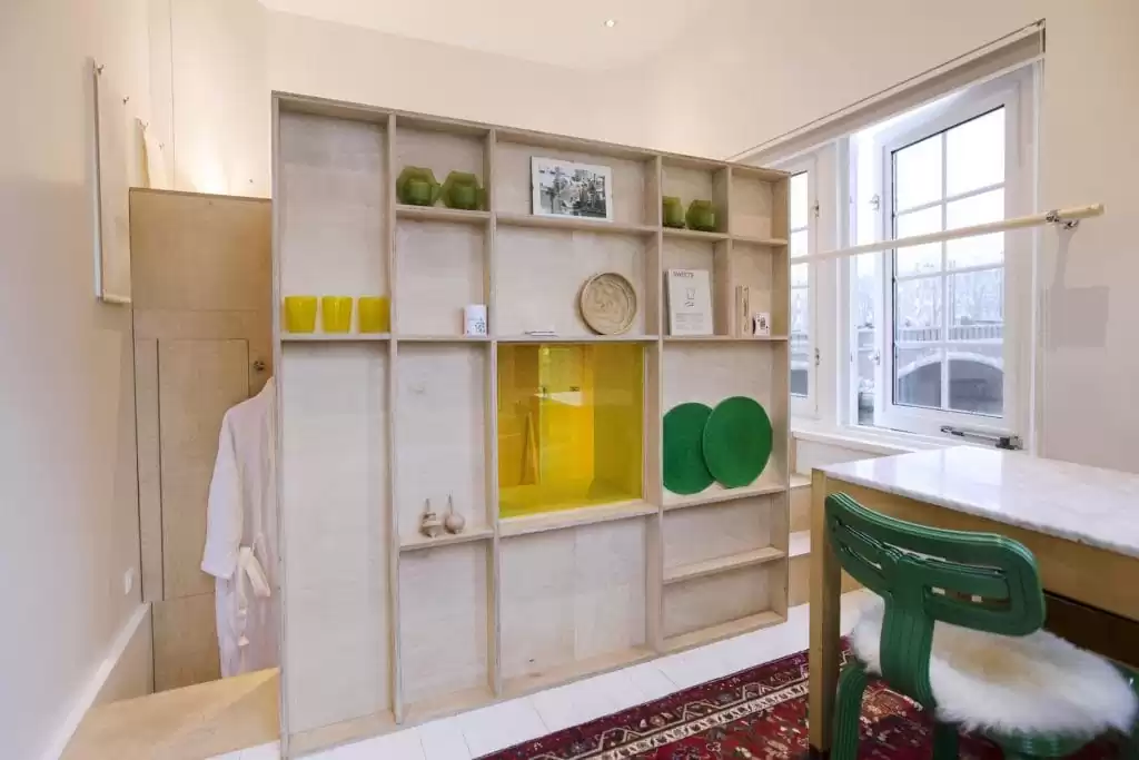 SWEETS hotel Nieuwe Amstelbrug bridge house on Amsterdam canals - design interior with Chubby Chair Dirk van der Kooij close to Albert Cuyp market and De Pijp